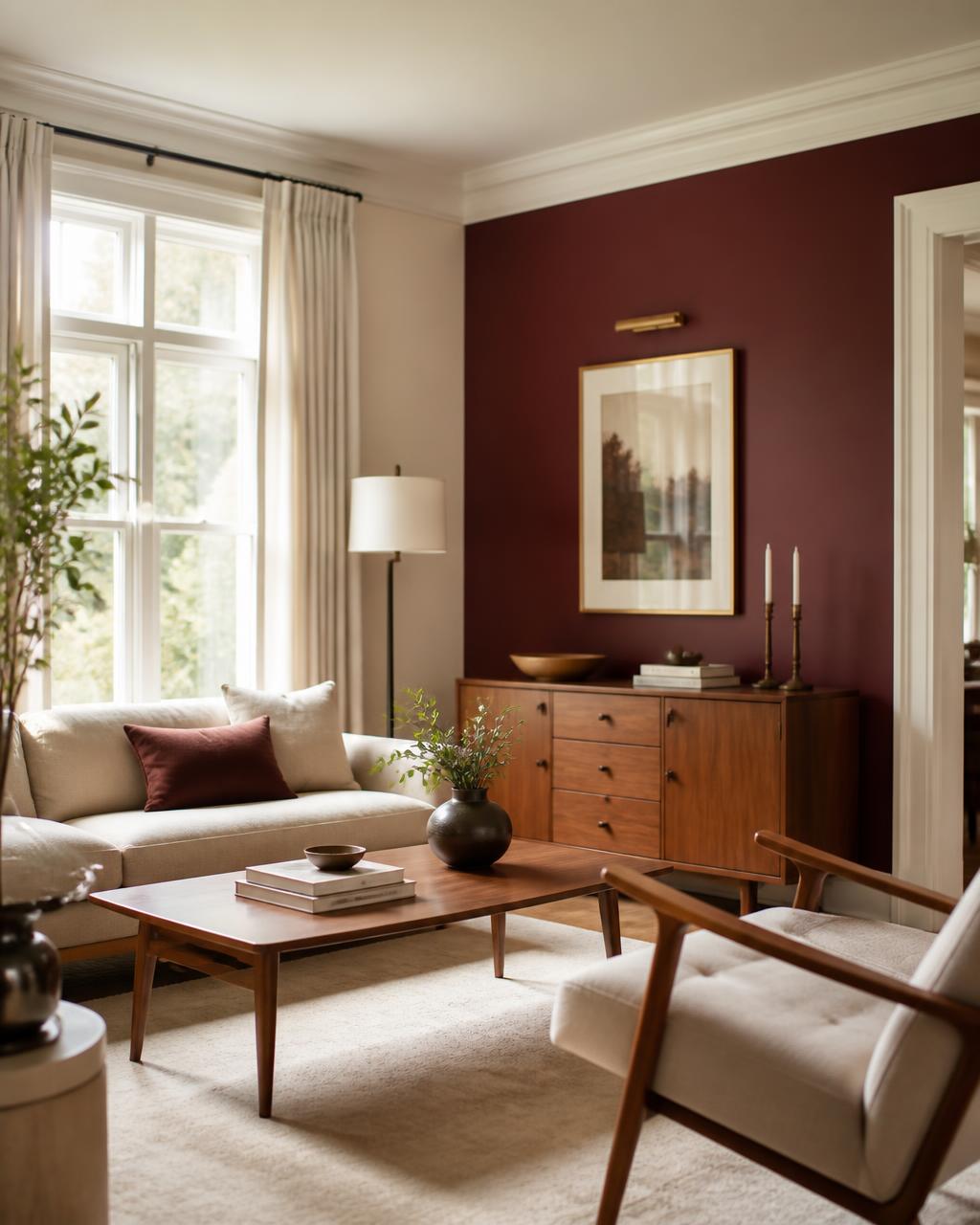 Freshly painted living room with a deep burgundy accent wall and crisp off-white trim