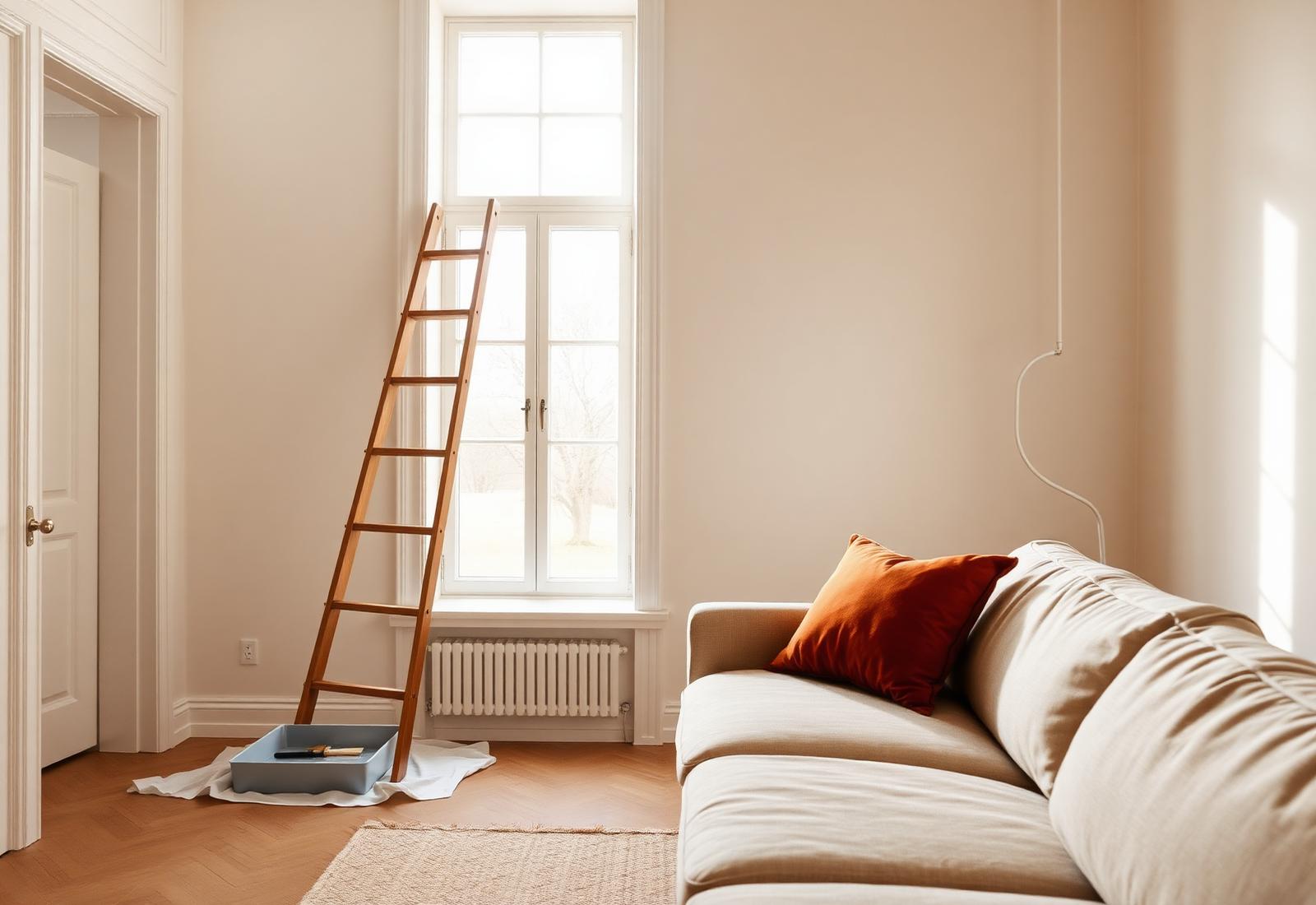 Sunlit interior with freshly painted warm white walls and a wooden ladder